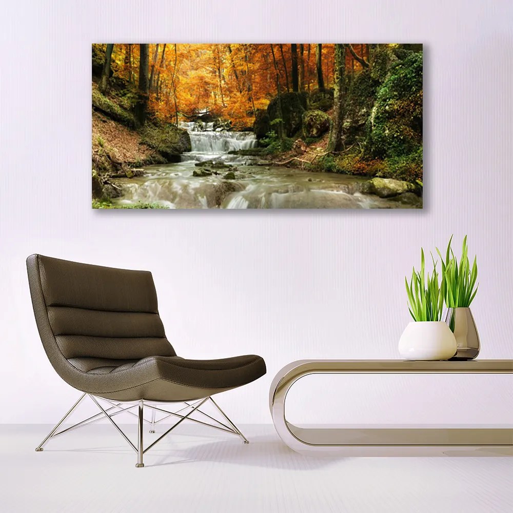 Tablou pe sticla Cascada Natural Pădurea Verde Brun Galben