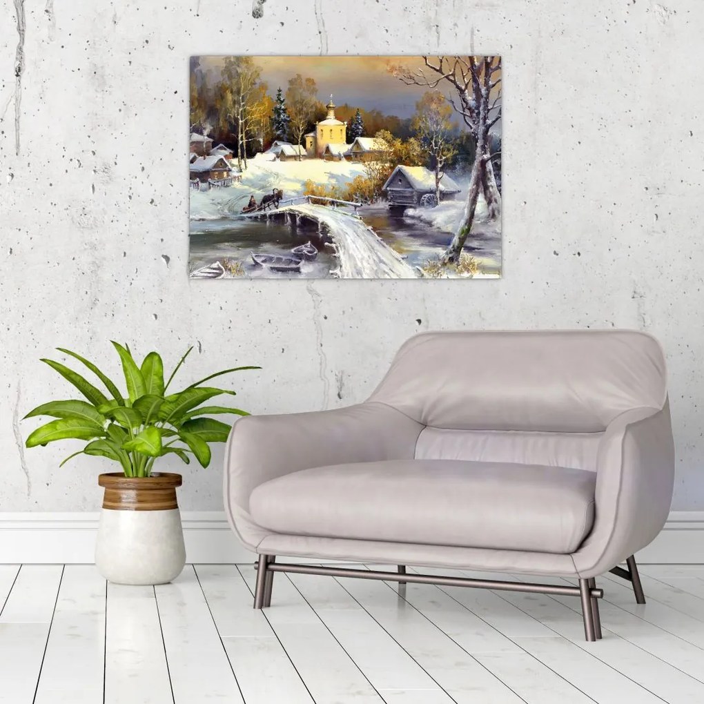 Tablou pe sticlă - Orășel iarna (70x50 cm)