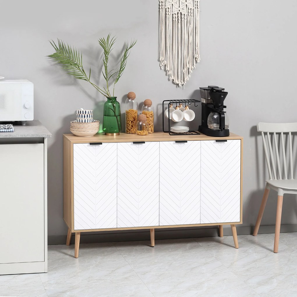 HOMCOM Comodă Bucătărie, Mobilier de Bucătărie cu Rafturi Reglabile și Picioare din Lemn de Pin, Bufet Modern pentru Living, Living, Sala de Mese, 120x35x77,4cm, Natural și Alb | Aosom Romania