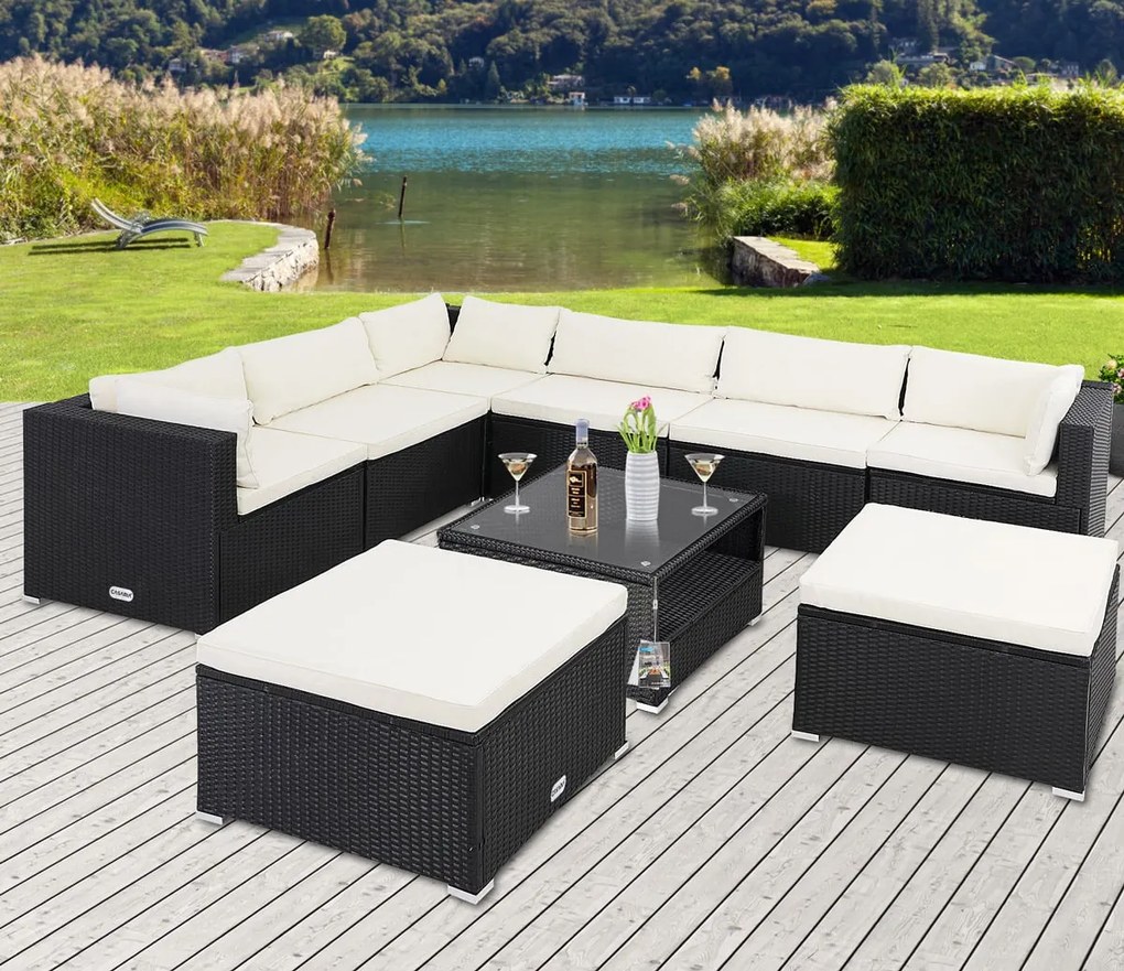 Deuba Set rattan de gradina XXL - perne negre/crem