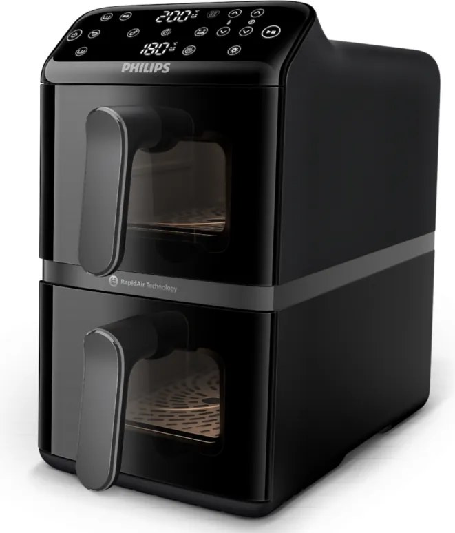 Friteuza verticala dubla cu aer cald Philips Dual Stack 4000 NA460/00, 2750 W, 10 l, 13 programe, 40-220°C, Sincronizare, Acoperire ceramică fara PFAS, Fereastra, Negru