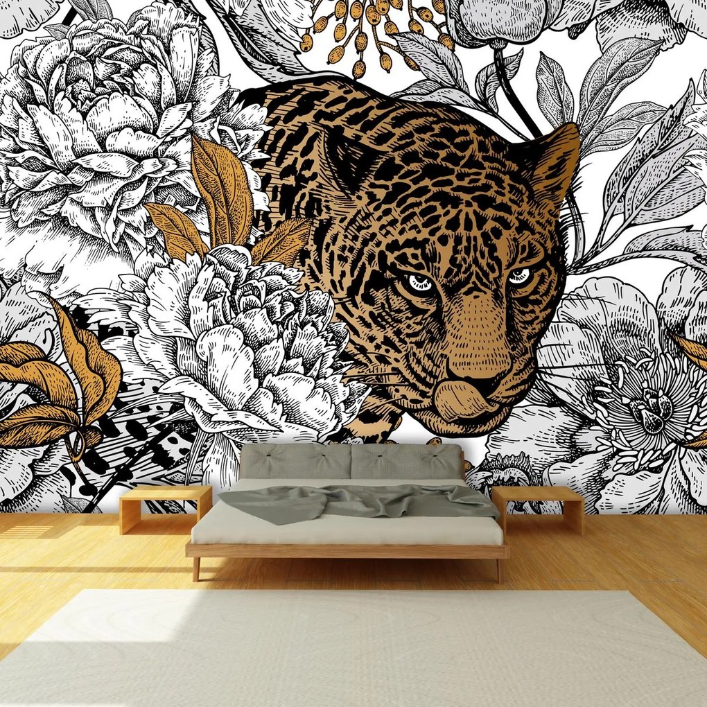 Fototapet - Leopard în bujori (147x102 cm)