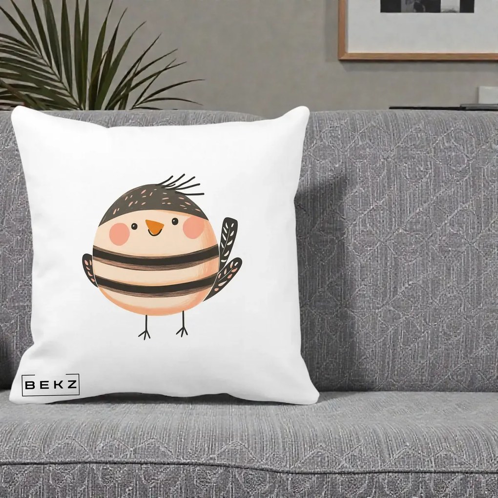 Perna Decorativa Pui Kawaii Bej-Negru Dungat, 40x40 cm, Alba Mata, Husa Detasabila, Perna Inclusa, BEKZ®