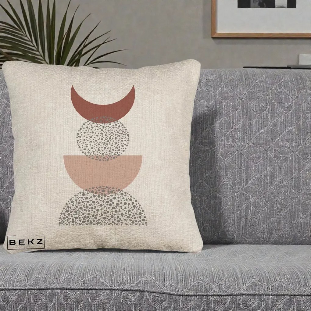 Perna Decorativa Boho Luna Plina si Forme Punctate, 40x40 cm, Bej Canapea, Husa Detasabila, Perna Inclusa, BEKZ®