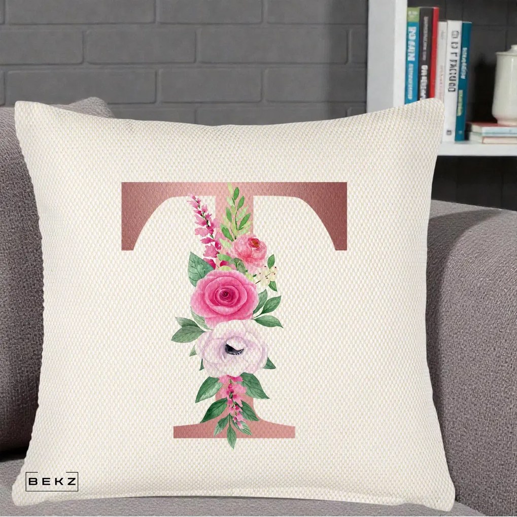 Cadou Personalizat - Perna Personalizata Monograma Rose Gold Litera T, 40x40 cm, Crem Reliefat, Husa Detasabila, Perna Inclusa, BEKZ®