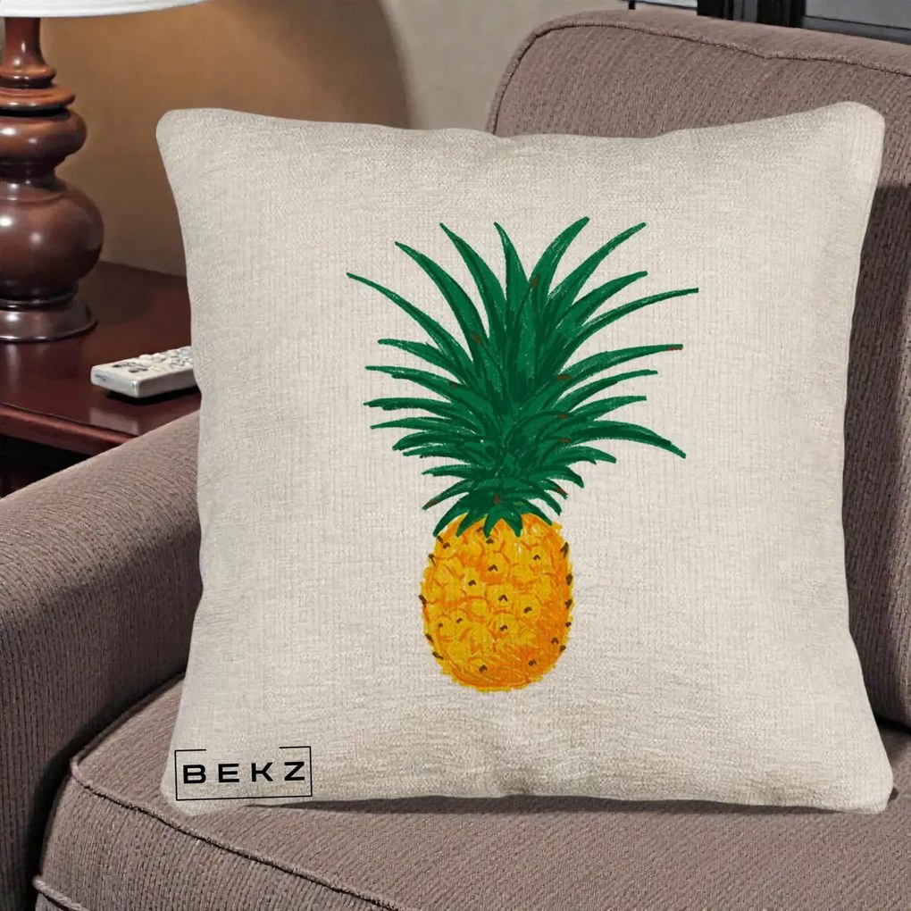 Perna Decorativa Ananas Tropical, 40x40 cm, Bej Canapea, Husa Detasabila, Perna Inclusa, BEKZ®