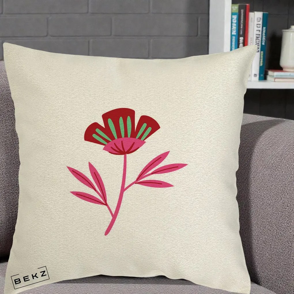 Perna Decorativa Floare Macul Roz-Rosu Grafic, 40x40 cm, Ecru, Husa Detasabila, Perna Inclusa, BEKZ®