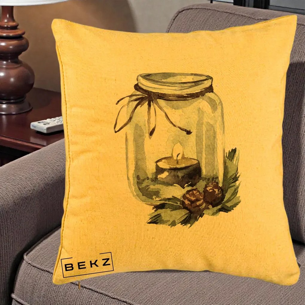 Perna Decorativa Felinar cu Lumanare si Conuri, 40x40 cm, Galben, Husa Detasabila, Perna Inclusa, BEKZ®