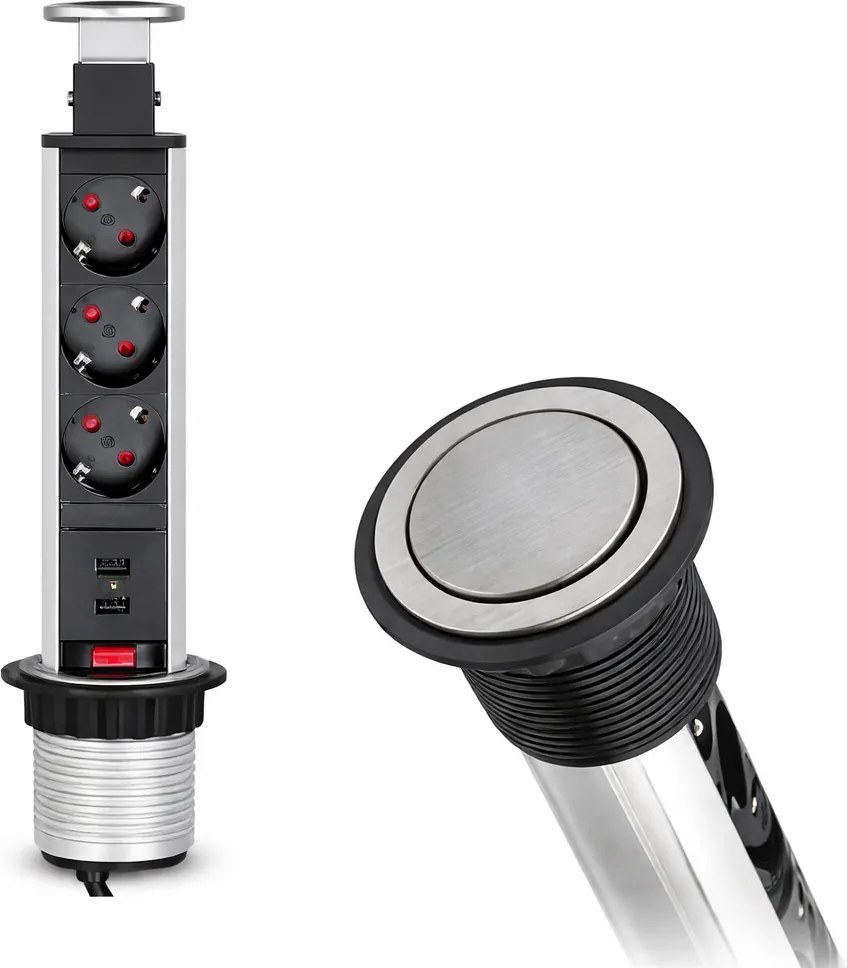 Priză încorporabilă în blat Lift Box Design Light, 3 prize Schuko, 2 porturi USB, inox, D:71 mm D:71 mm; H:328 mm, Inox, Metal/Plastic
