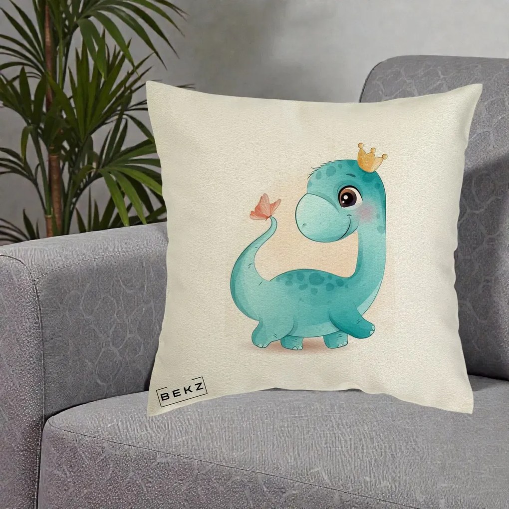 Perna Personalizata Dinozaur Bland Coroana Kawaii, 40x40 cm, Ecru, Husa Detasabila, Perna Inclusa, BEKZ®