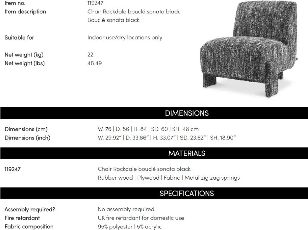 Fotoliu elegant design LUX Rockdale, Boucle sonata black