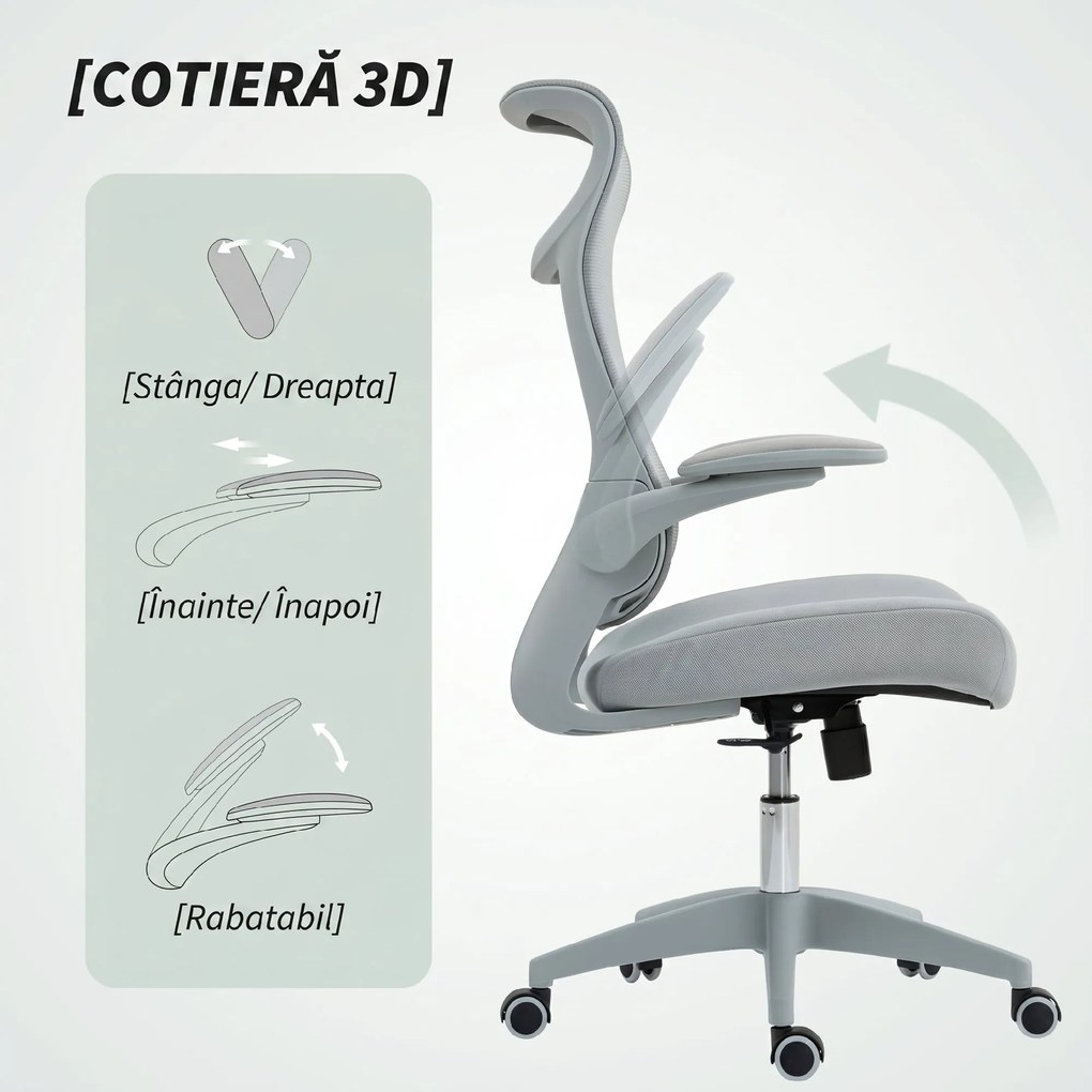 HOMCOM Scaun de birou ergonomic cu cotiere reglabile și tetieră, gri | Aosom Romania