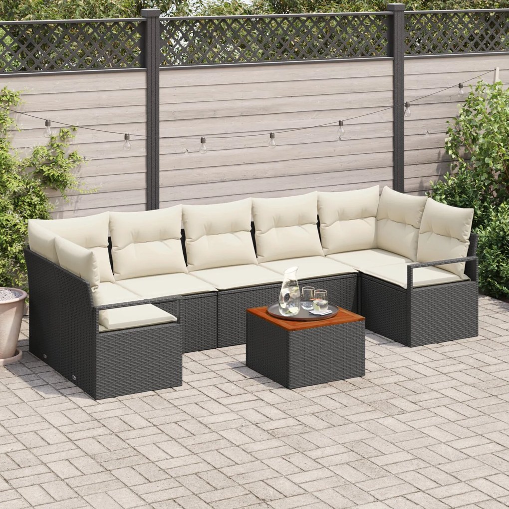 vidaXL Set de canapea de grădină, 8 piese, cu perne negre din rattan poliester și acacia