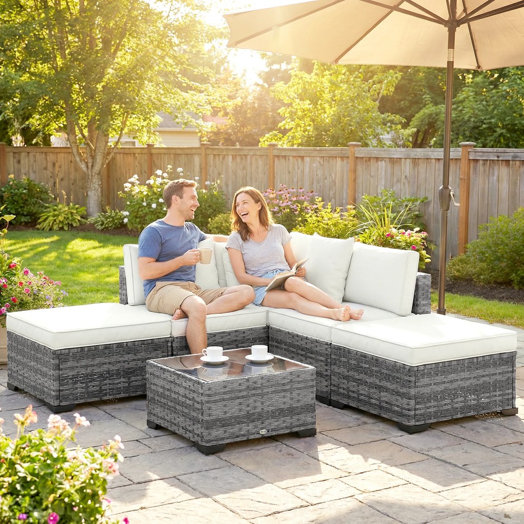 Outsunny Set Mobilier de Grădină din Ratan, 6 Piese, Fotoliu Colțar, Canapele fără Brațe, Suporturi pentru Picioare și Măsuță, Gri Amestecat | Aosom Romania