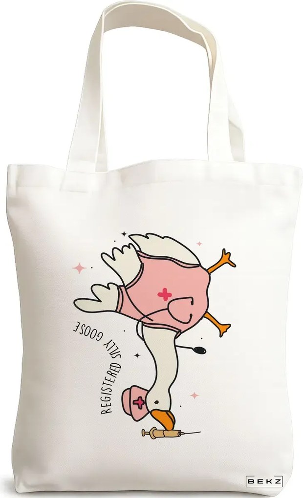 Sacosa de Panza pentru Cumparaturi, Geanta Tote, model Silly Goose 5, 38 x 34.5 cm, Alba, BEKZ®