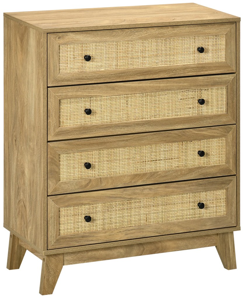 HOMCOM Cómoda cu 4 Sertare Comoda de Lemn cu Fronturi de Ratan Stil Cannage pentru Dormitor 80x35x95 cm Natural | Aosom Romania