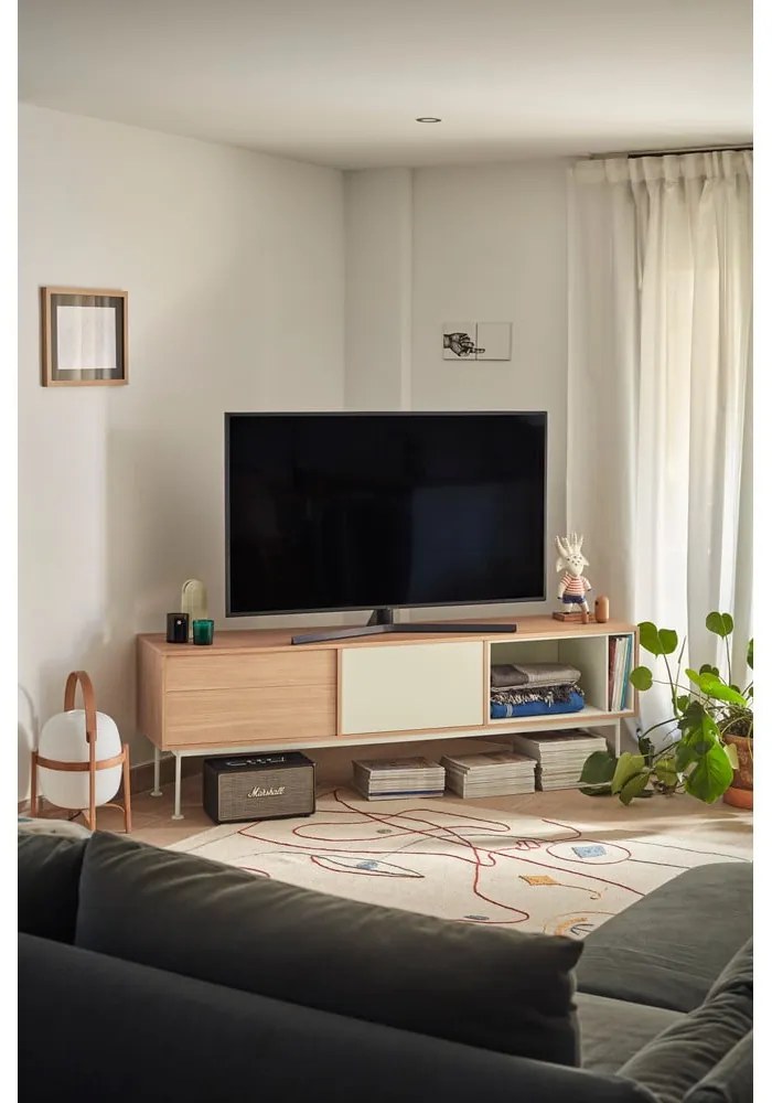 Comodă TV cu aspect de lemn de stejar Teulat Yoko, alb-crem