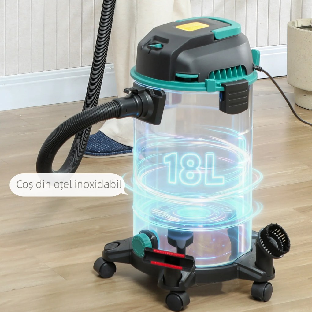 HOMCOM Aspirator 3 în 1 de 1400W, Aspirator de Solide și Lichide și Suflător, Recipient de 18L din Oțel Inox, Filtru Triplu și Accesorii, pentru Casă, Garaj și Birou | Aosom Romania