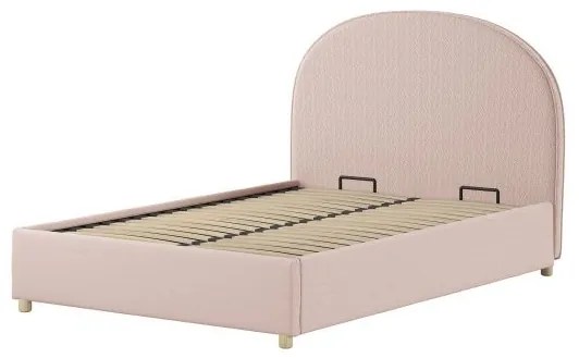 Set MOON: pat tapițat 90 x 200 cm roz cu țesătură bouclé și spațiu de depozitare + 2 tabureti roz multifuncționali – Vipack