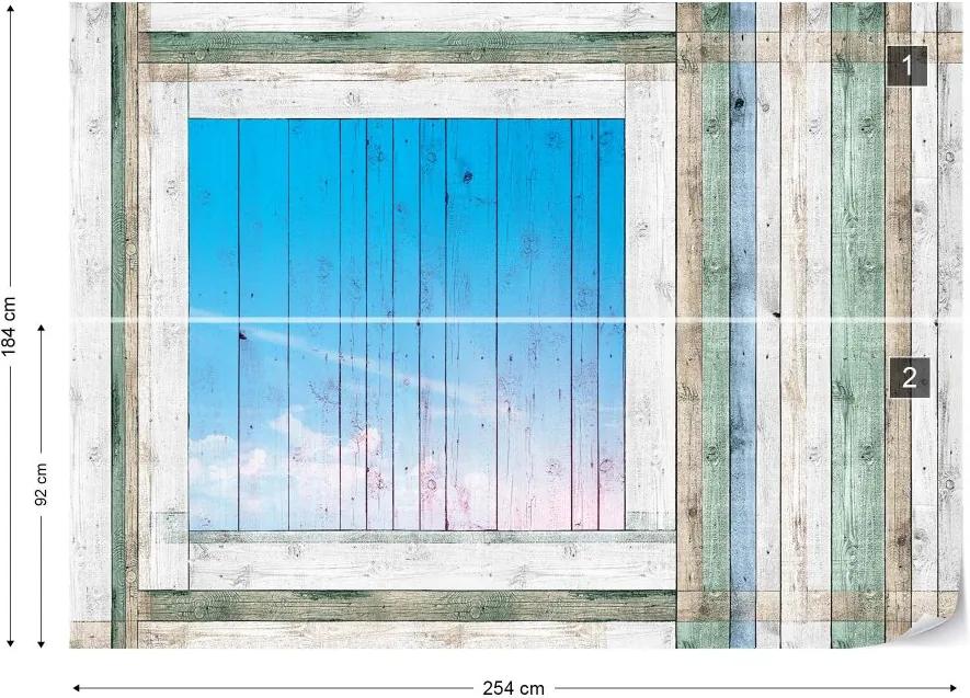 GLIX Fototapet - Painted Wood Planks Blue Window Vliesová tapeta  - 254x184 cm