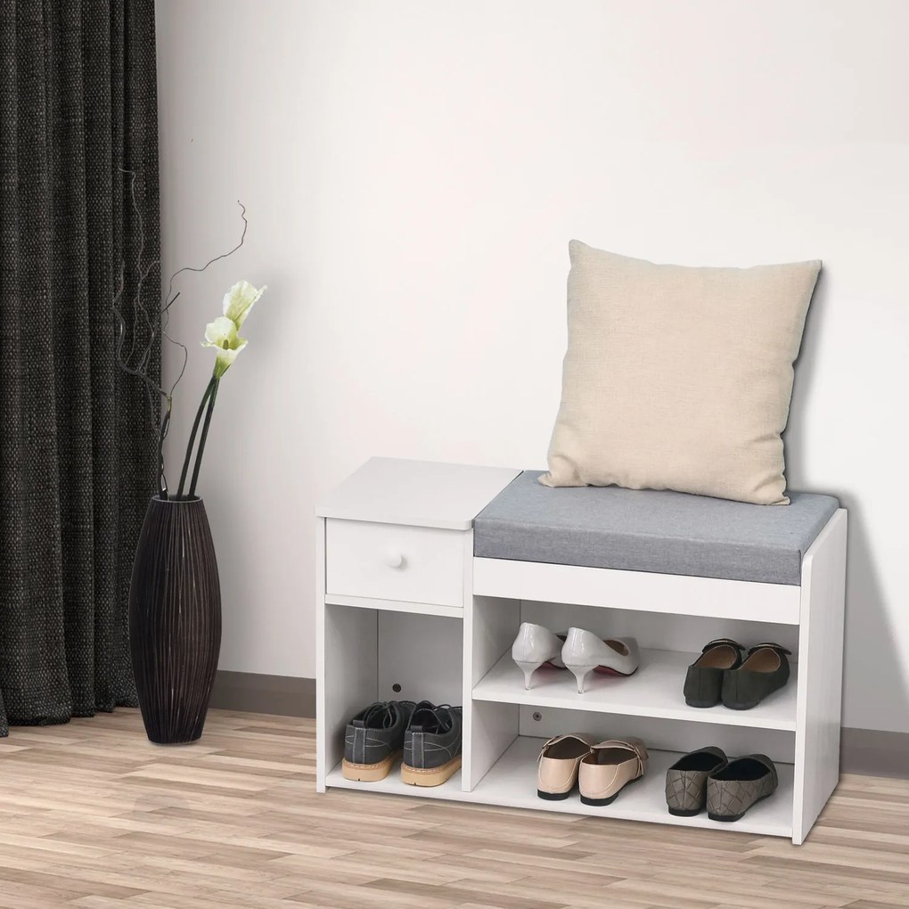 Banca pantofar cu perna, sertar si 3 compartimente deschise, mobilier din lemn pentru hol 81x31.5x49cm, alb | Aosom Romania