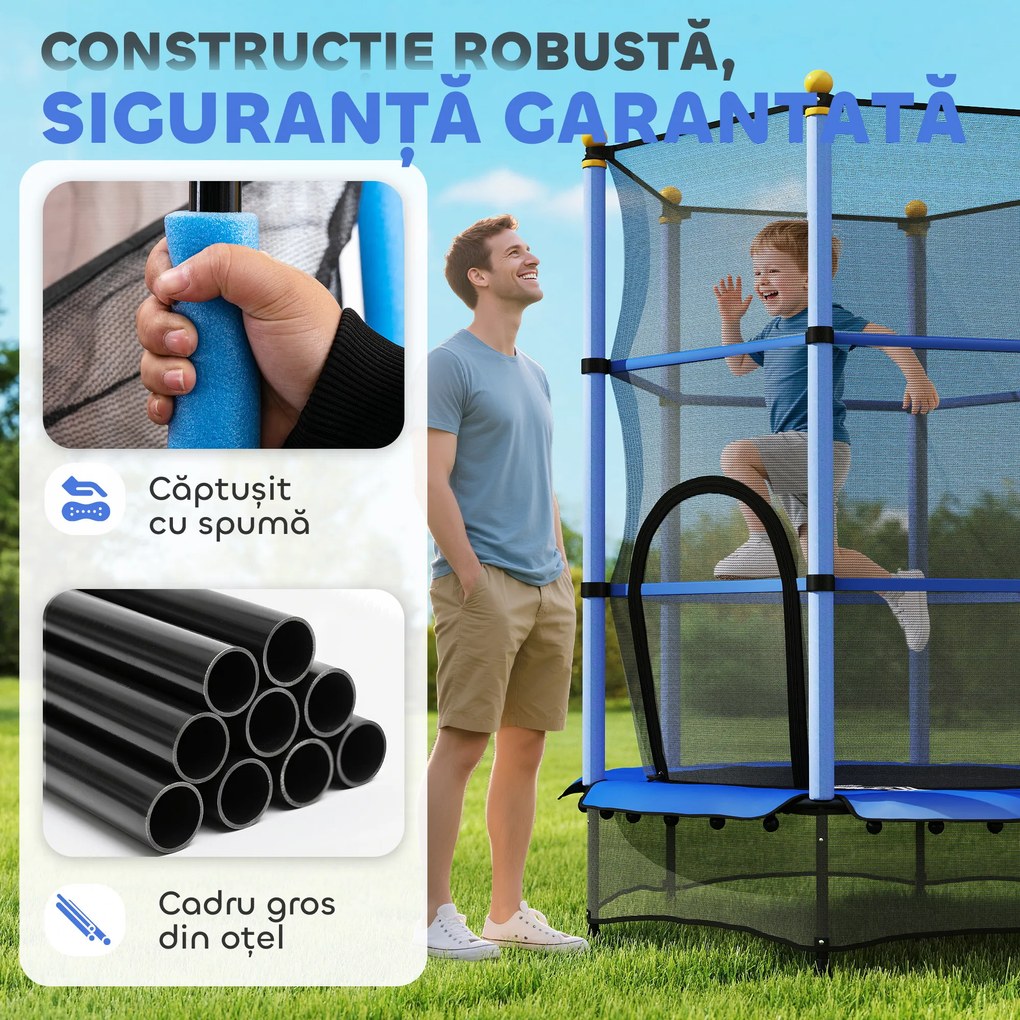 HOMCOM Trambolină Elastică pentru Copii cu Plasă de Siguranță și Țevi Căptușite, Vârstă 3-10 Ani, Ø140x190 cm, Albastru | Aosom Romania