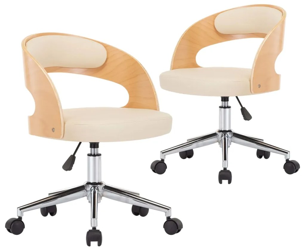 vidaXL Scaune pivotante, 2 buc. crem, lemn curbat & piele ecologică
