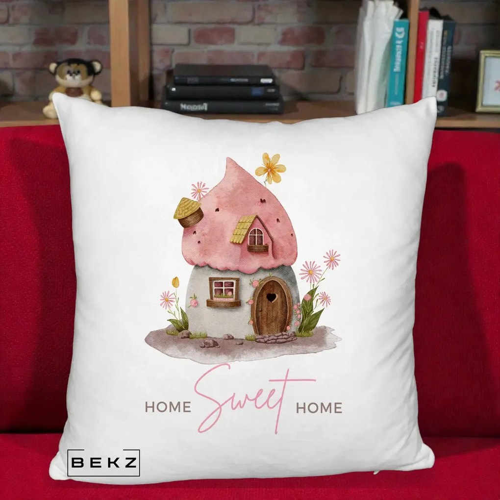 Perna Decorativa Home Sweet Home Casuta, 40x40 cm, Alb Pufos, Husa Detasabila, Perna Inclusa, BEKZ®