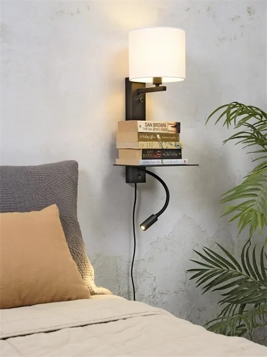 Aplica cu raft, reader LED, mufa USB si abajur textil alb Florence