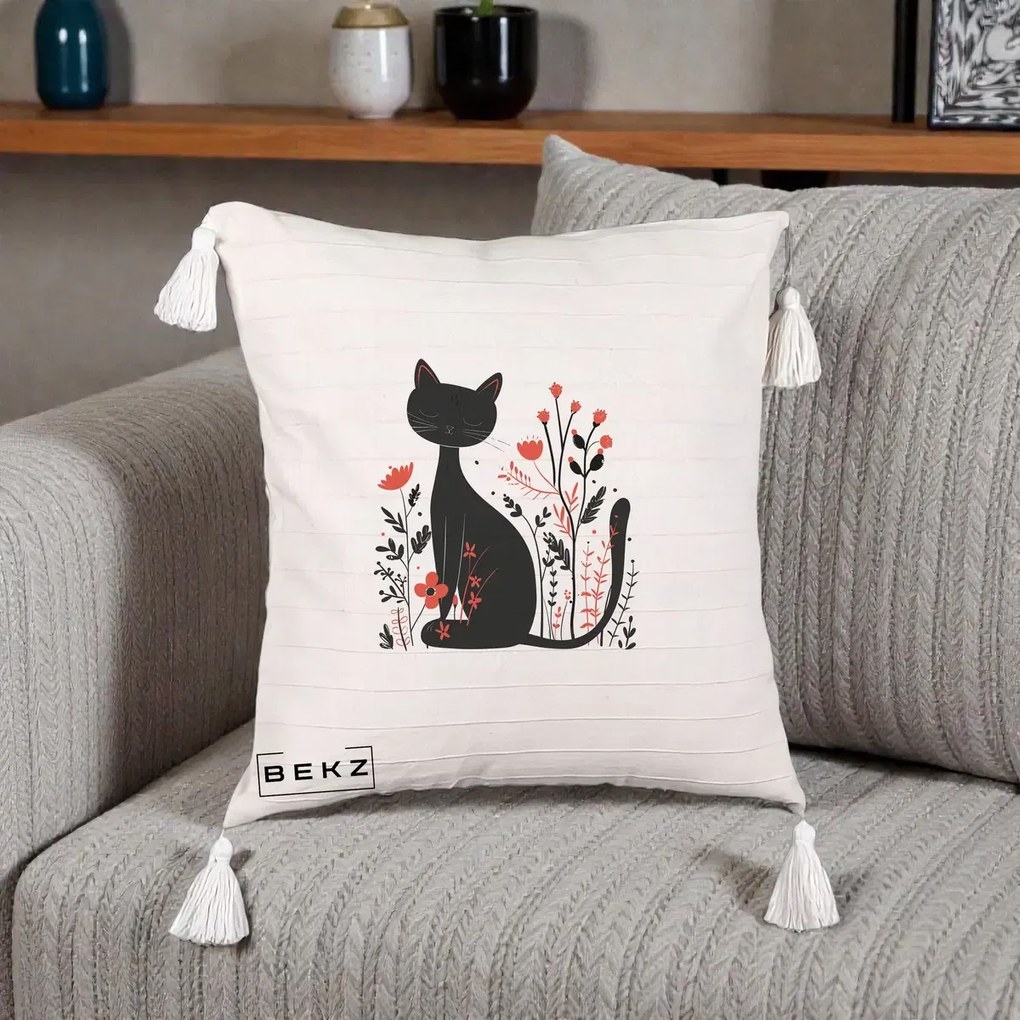 Perna Decorativa Pisica Neagra Flori Rosii Folk Minimal, 40x40 cm, Bej cu Franjuri, Husa Detasabila, Perna Inclusa, BEKZ®