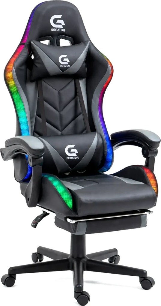 RESIGILAT- Scaun gaming, sistem iluminare bandă LED RGB, masaj în perna lombară, suport picioare, Negru/Gri