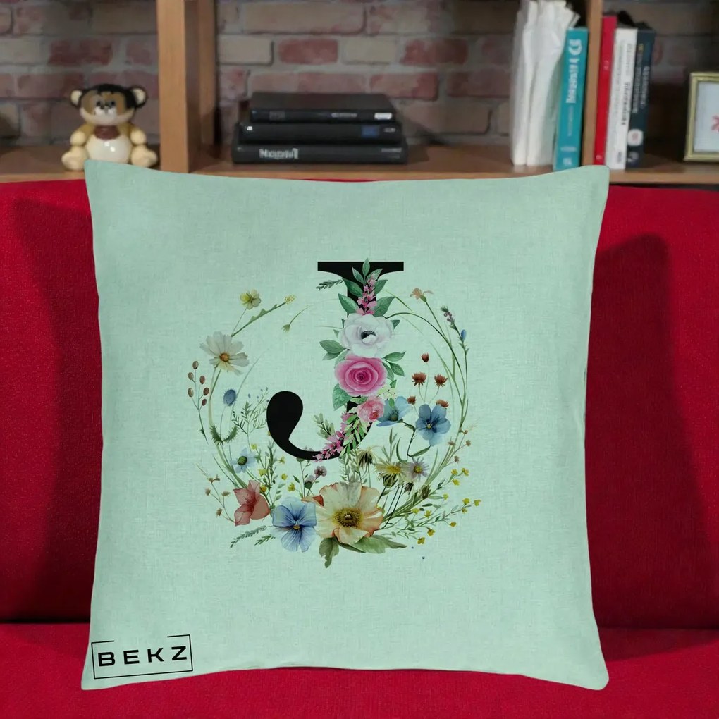 Cadou Personalizat - Perna Personalizata Monogram Litera J cu Flori Acuarela, 40x40 cm, Verde Menta, Husa Detasabila, Perna Inclusa, BEKZ®