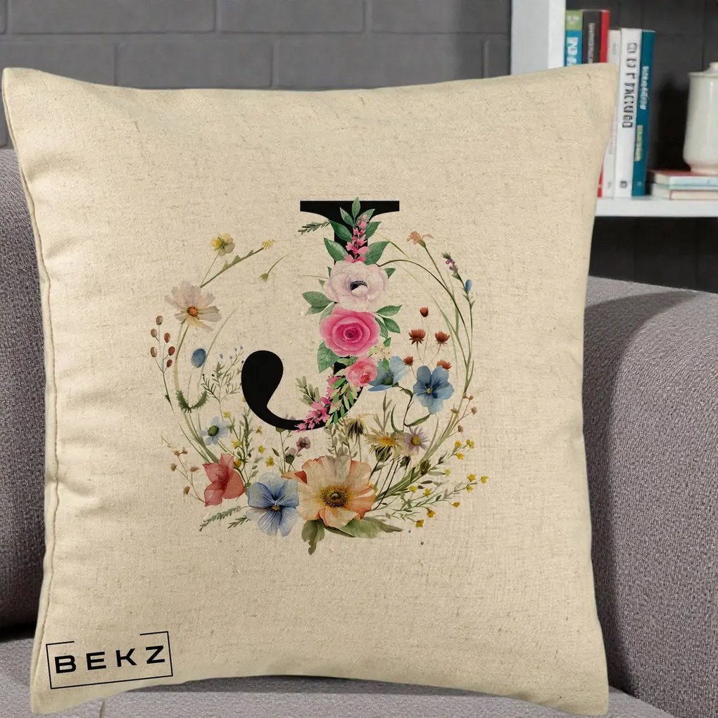 Cadou Personalizat - Perna Personalizata Monogram Litera J cu Flori Acuarela, 40x40 cm, Bej, Husa Detasabila, Perna Inclusa, BEKZ®