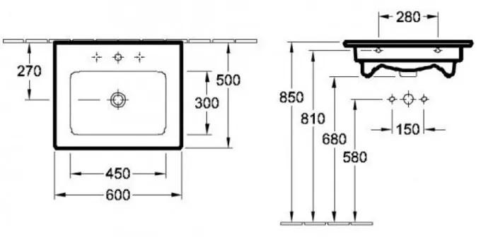 Lavoar suspendat Villeroy &amp; Boch, Venticello, dreptunghiular, 60 cm, alb alpin