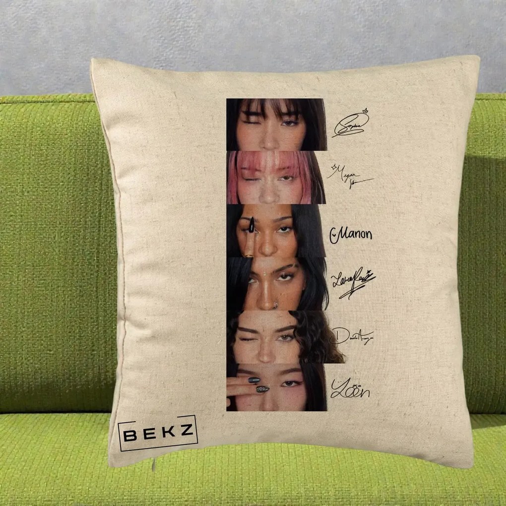 Perna Personalizata K-pop KATSEYE Semnaturi fara Foto, 40x40 cm, Bej, Husa Detasabila, Perna Inclusa, BEKZ®