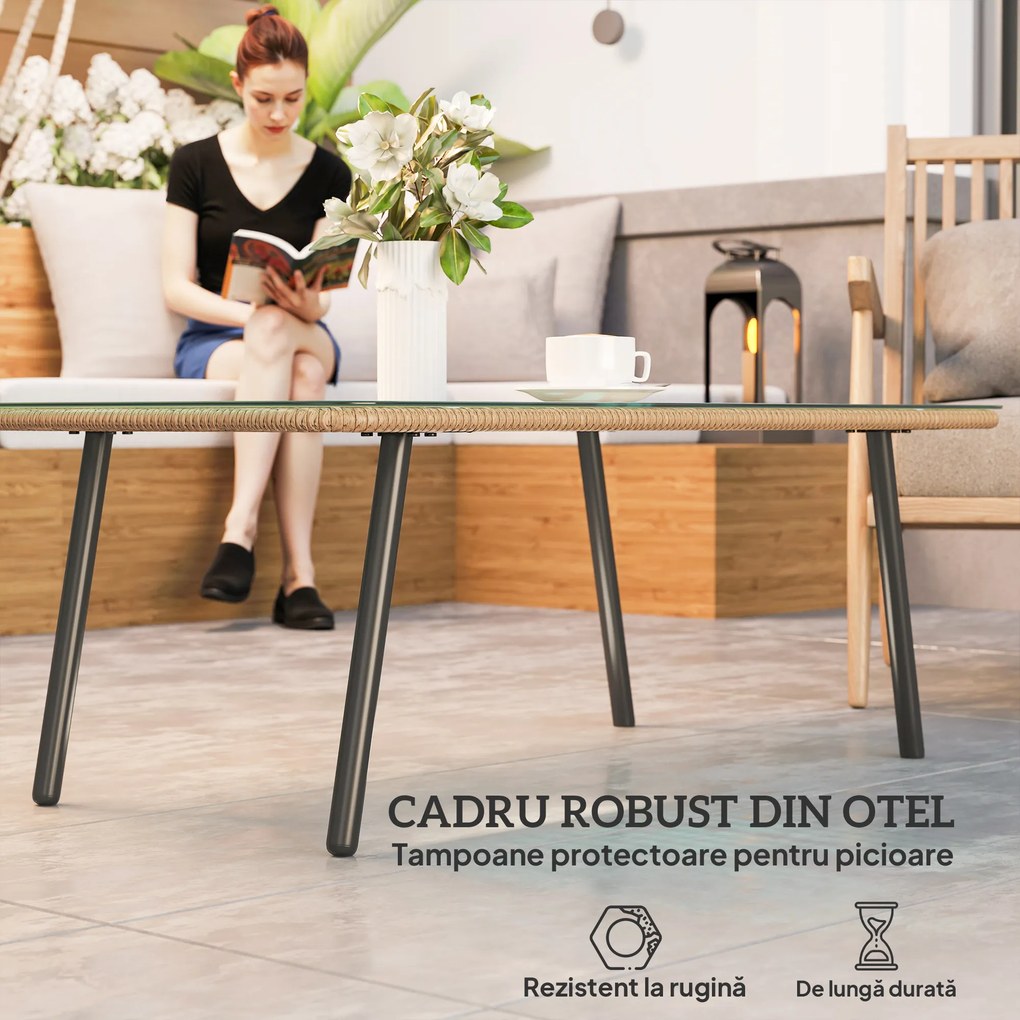 Outsunny Măsuță de Grădină din Ratan PE și Sticlă 110x60x40 cm Lemn Natural | Aosom Romania
