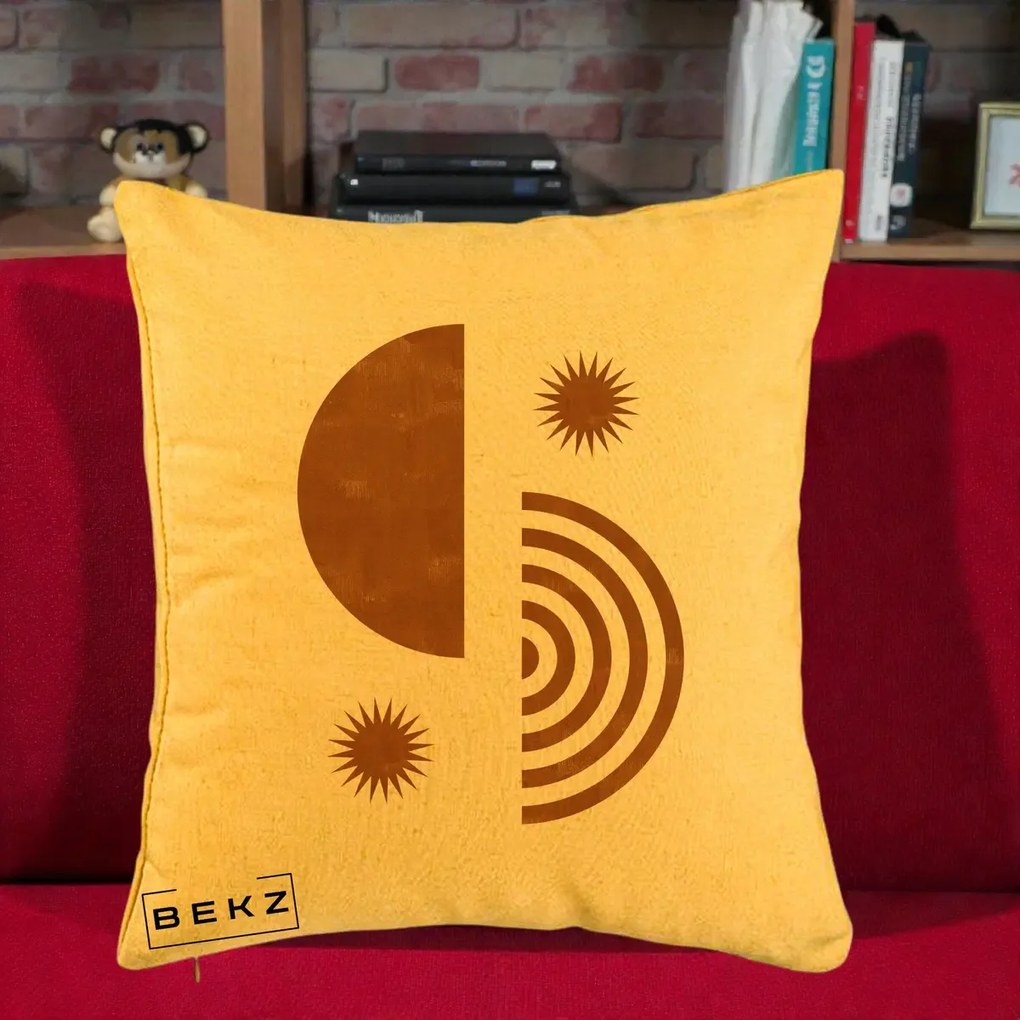 Perna Decorativa Boho Sun si Spirala, 40x40 cm, Galben, Husa Detasabila, Perna Inclusa, BEKZ®