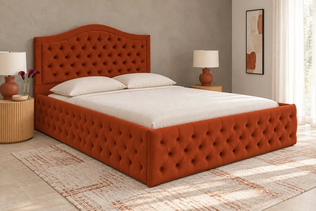Pat tapițat Chesterfield din catifea Solaria Deluxe 160×200 cm, cărămiziu, cu ladă de depozitare