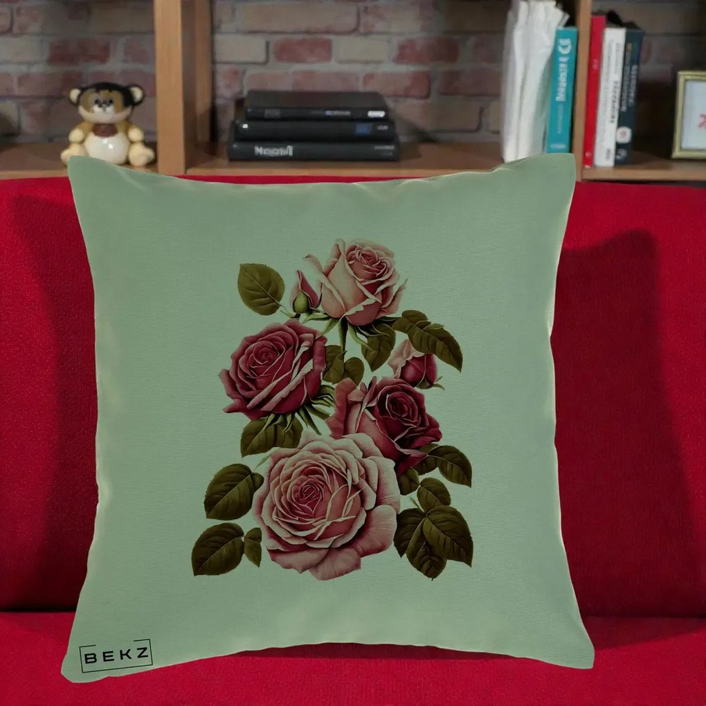 Perna Decorativa Trandafiri Vintage Roz-Rosii, 40x40 cm, Verde, Husa Detasabila, Perna Inclusa, BEKZ®