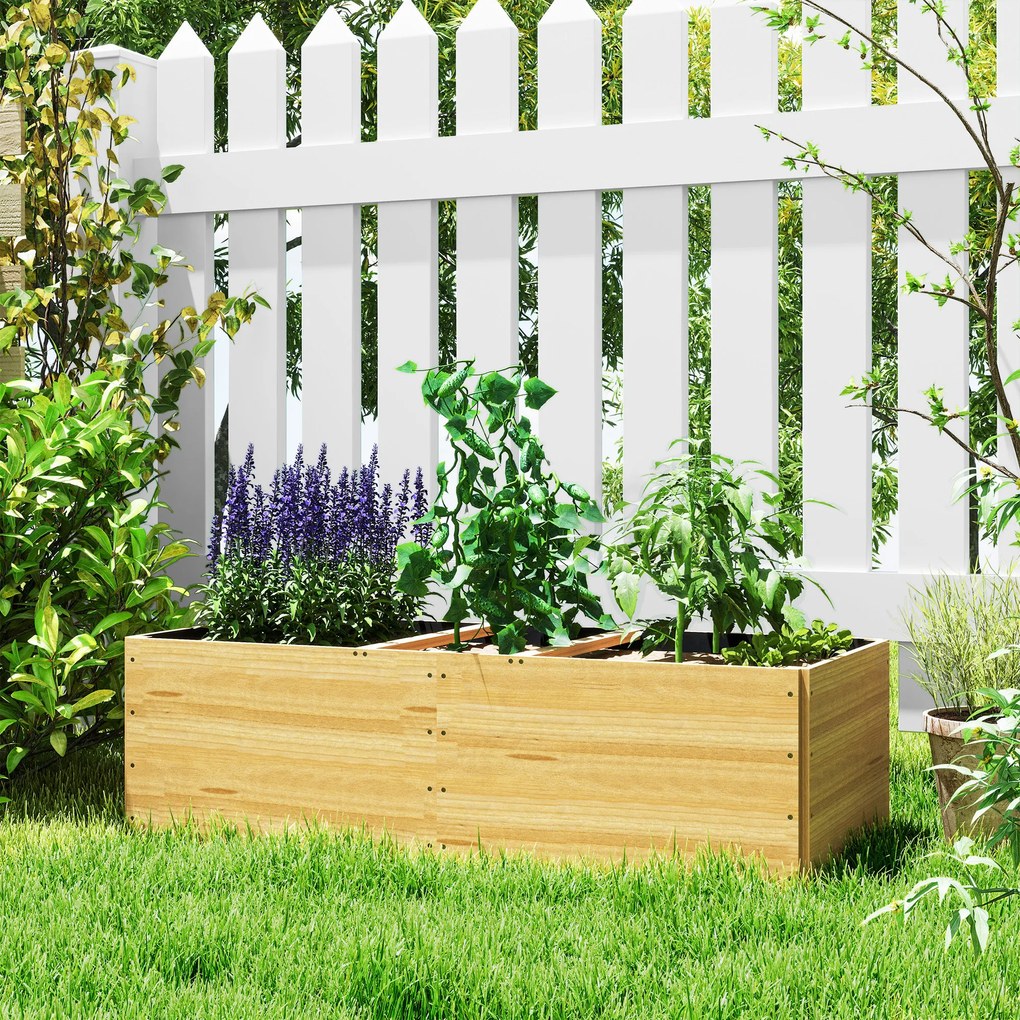 Outsunny Strat de Grădină Înălțat și Adânc cu 3 Zone de Creștere și Strat de Protecție, 140x60x40 cm, Lemn Natural | Aosom Romania