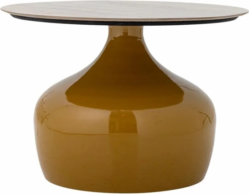 Măsuță de cafea rotundă din metal, galben, blat ceramic, bază sculpturală, finisaj lucios, 41 x 60 cm, „Lecco”