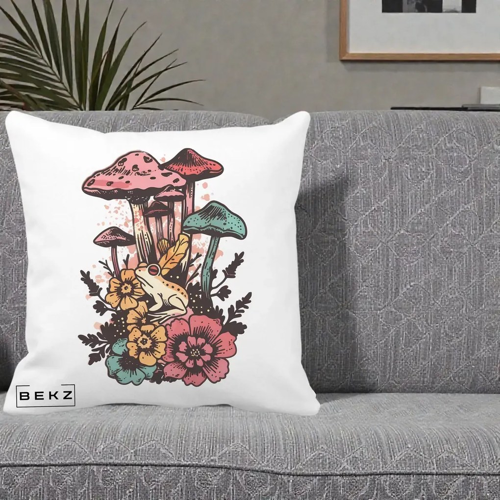 Perna Decorativa Ciuperci si Broaste Boho, 40x40 cm, Alba Mata, Husa Detasabila, Perna Inclusa, BEKZ®