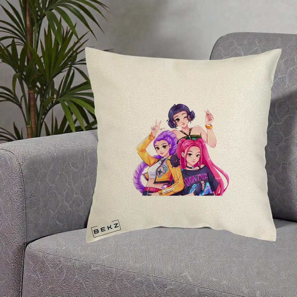 Perna Personalizata K-pop HUNTRX Trio Animat Fete Foto, 40x40 cm, Ecru, Husa Detasabila, Perna Inclusa, BEKZ®