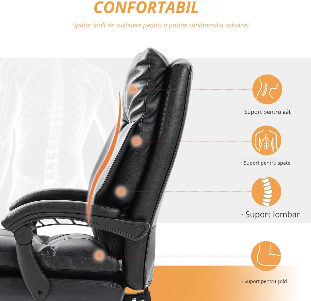 HOMCOM Scaun pentru Birou cu Înălțime Reglabilă și Reclinabil până la 135° Negru | Aosom Romania