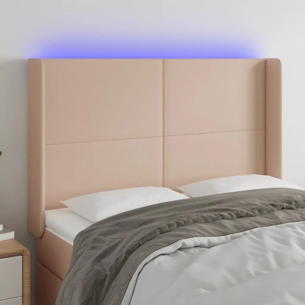 vidaXL Tăblie de pat cu LED, cappuccino, 147x16x118/128 cm, piele eco