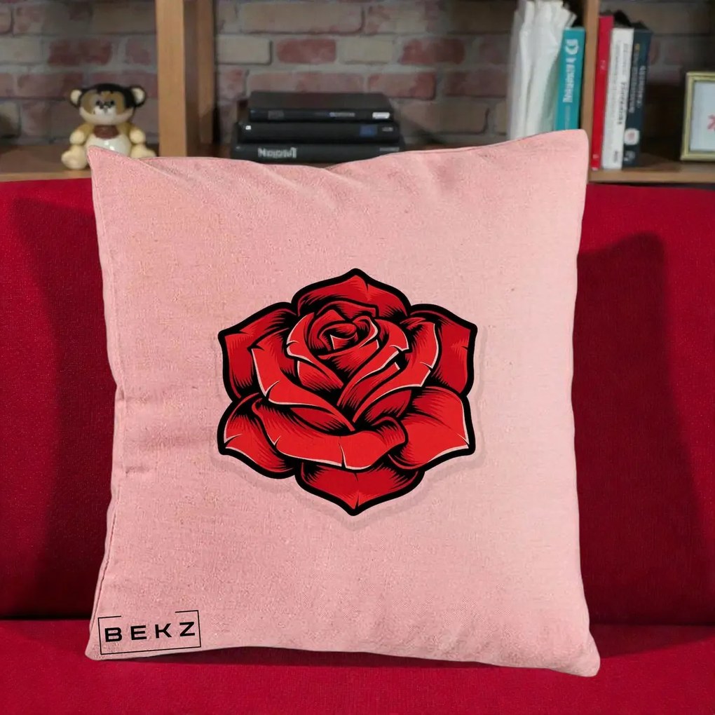 Perna Decorativa Trandafir Rosu Tattoo, 40x40 cm, Roz, Husa Detasabila, Perna Inclusa, BEKZ®
