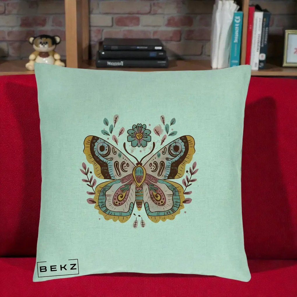 Perna Decorativa Fluture Boho Floral, 40x40 cm, Verde Menta, Husa Detasabila, Perna Inclusa, BEKZ®