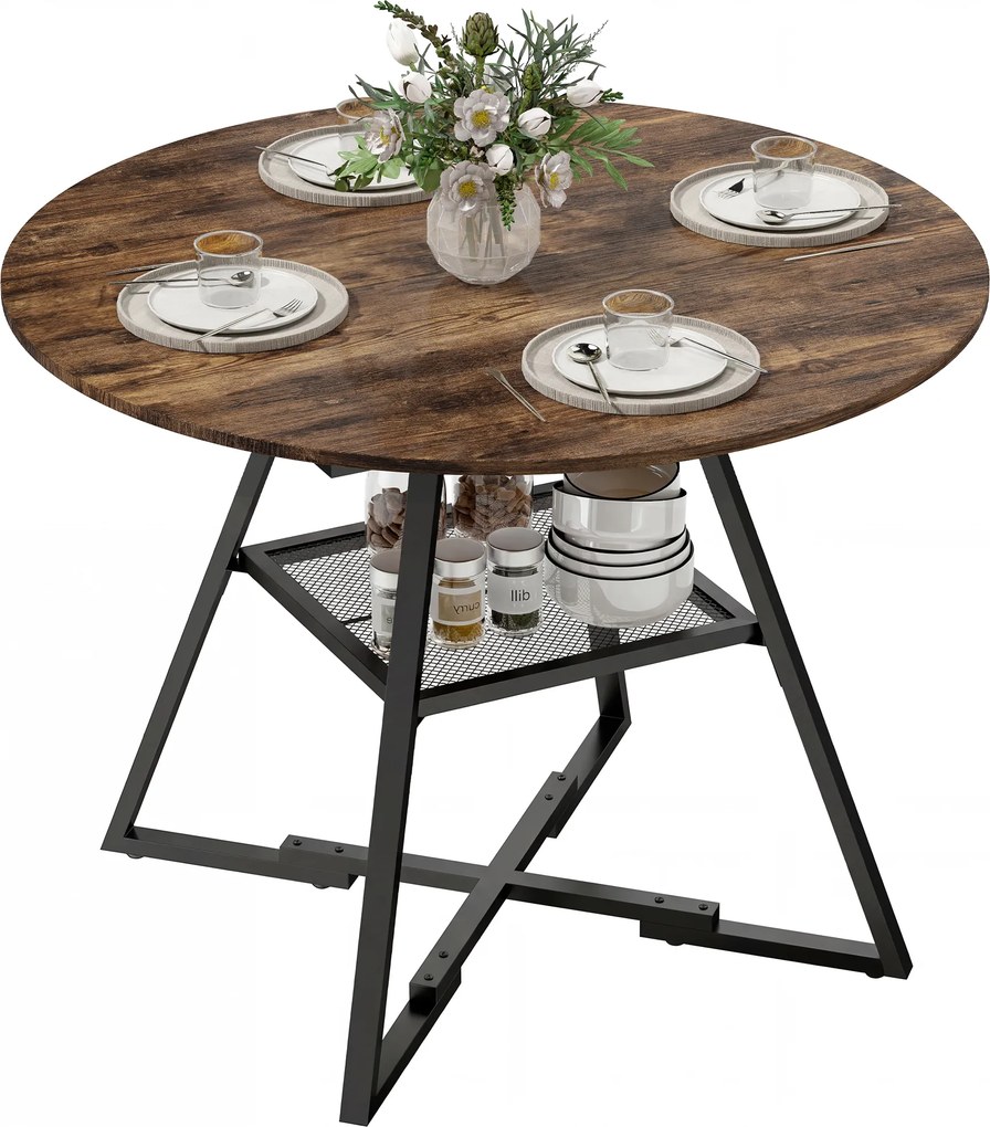 HOMCOM Masă de dining 4 locuri, 100 cm rotundă, bucătărie industrială, poliță de depozitare, maro rustic. | Aosom Romania