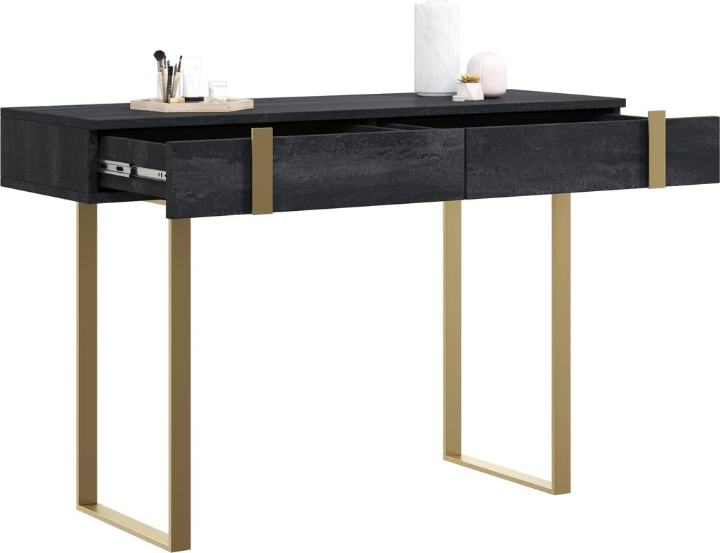 Consolă / măsuță toaletă modernă Verica 120 cm cu picioare metalice - beton negru / picioare aurii