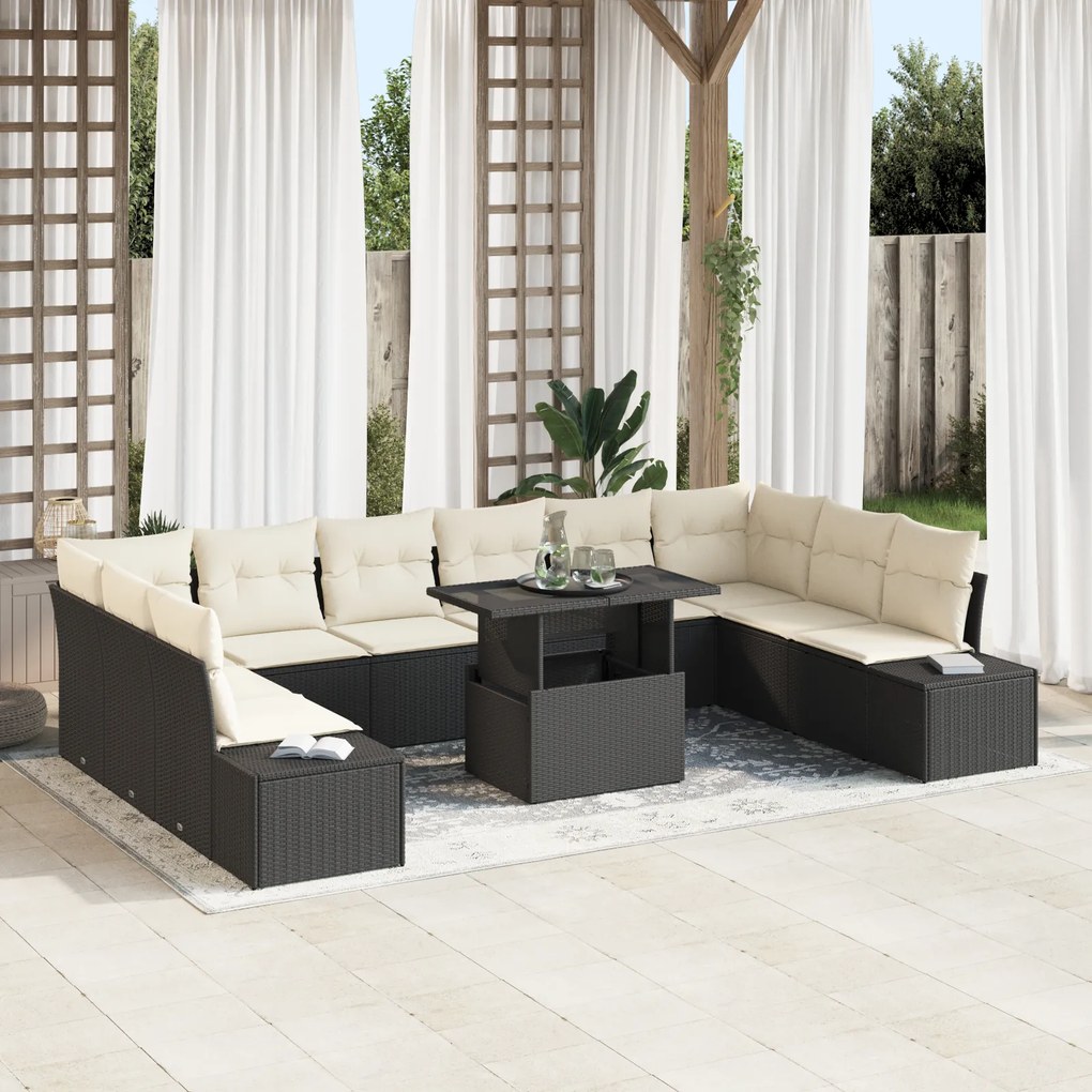 vidaXL Set de canapele pentru grădină cu pernă 11 pcs negru și crem
